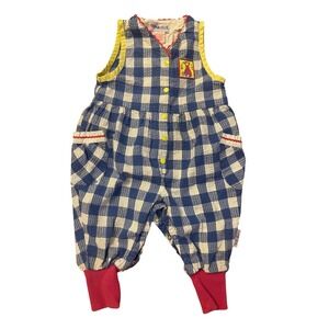 Vintage Gymboree Infant Blue Gingham Seersucker Romper Bunny Patch 90s Cotton